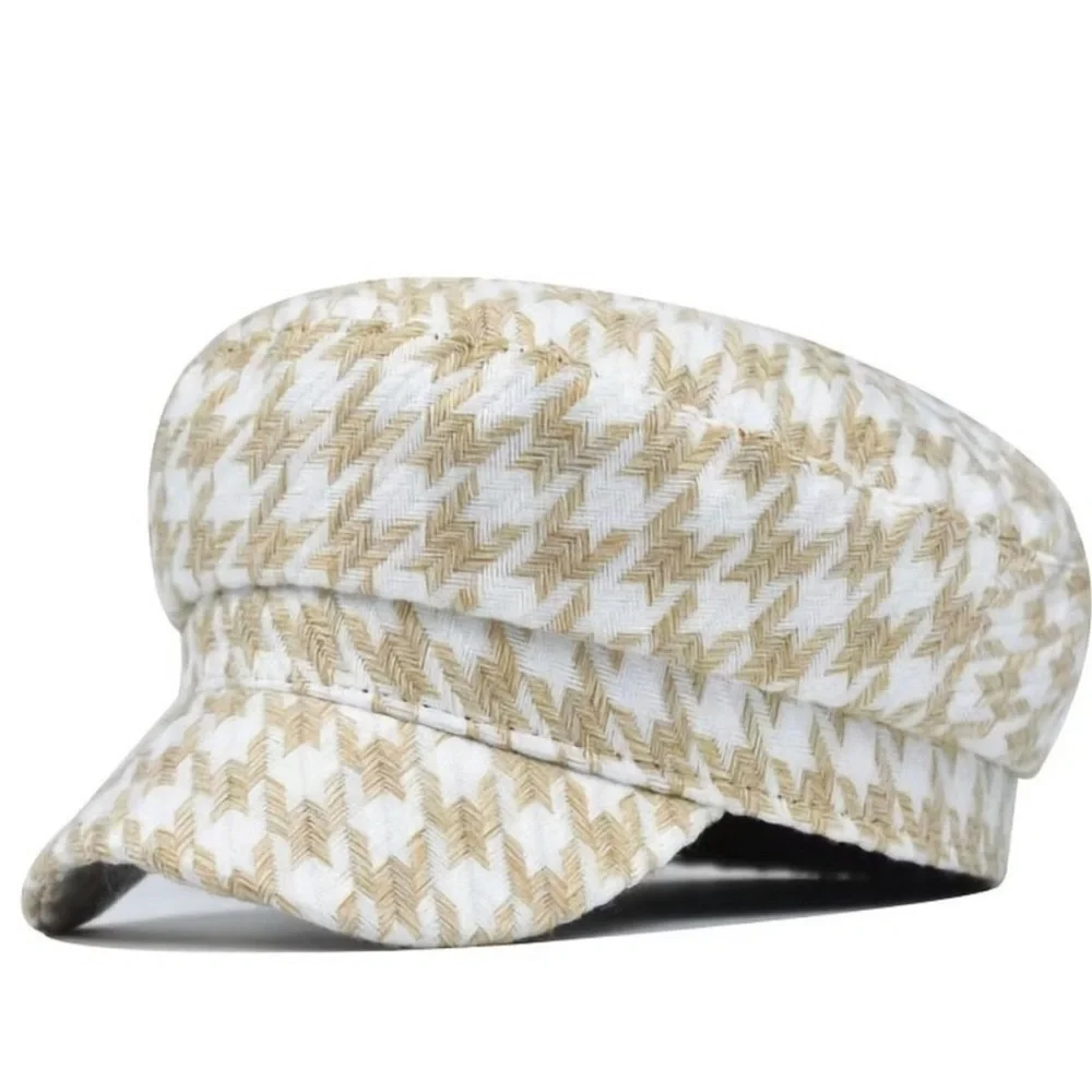 Boho Classic Houndstooth Newsboy Cap | Stylish Beige & White Baker Boy Hat